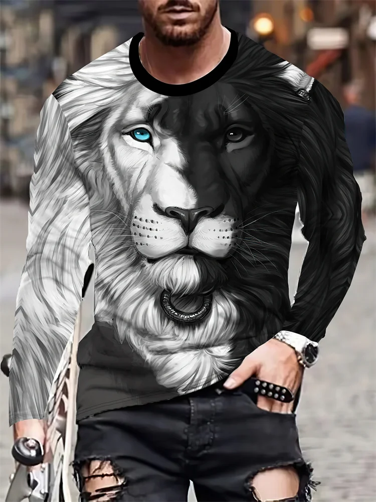 Black And White Lion Print Long Sleeve T-shirt Spring/Autumn Men's Daily Casual Long Sleeve Top Street Fashion Long Sleeve Top