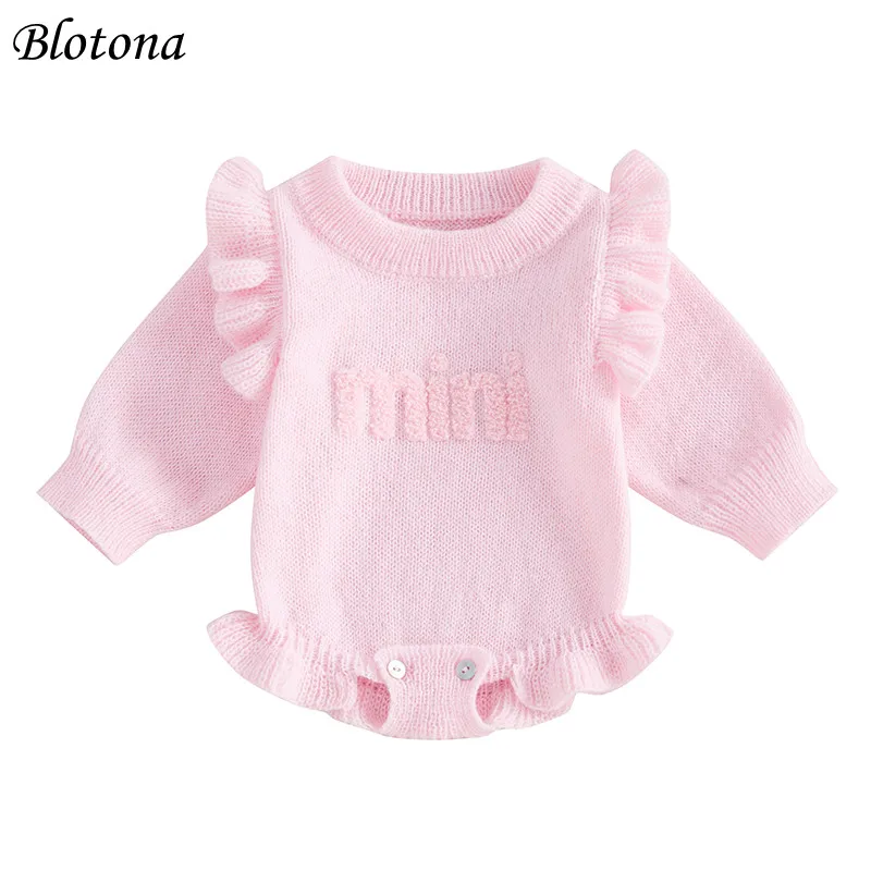 Blotona Newborn Baby Girl Knitted Sweater Romper Ruffled Long Sleeve O-Neck Letter Embroidery Solid Color Romper