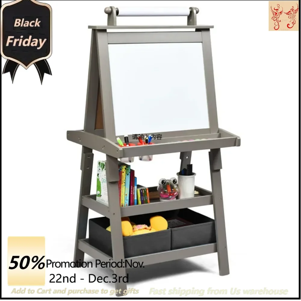 3-in-1 Double-Sided Storage Art Easel Gray Safe Material and Stable Structure Ample Storage Space Best Gift for Kids