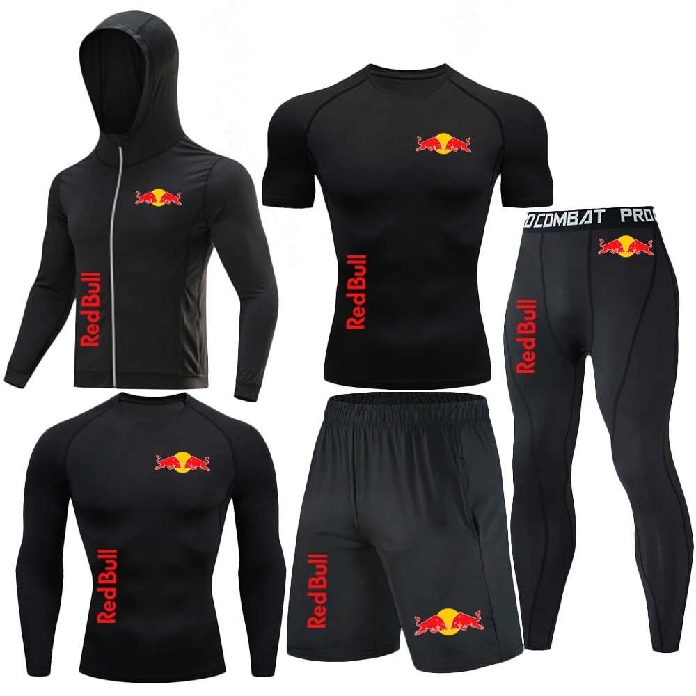 Red Bull Spring, Summer, and Autumn Warm up Sportswear Men's Set Compression Sportswear Long 5-piece Set Running Sportswear