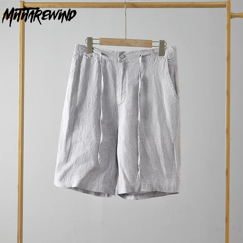 Pure Linen Shorts Men Breathable Summer Beach Men's Shorts Slightly Elastic Waist Drawstring Short Pants Causal Straight Shorts