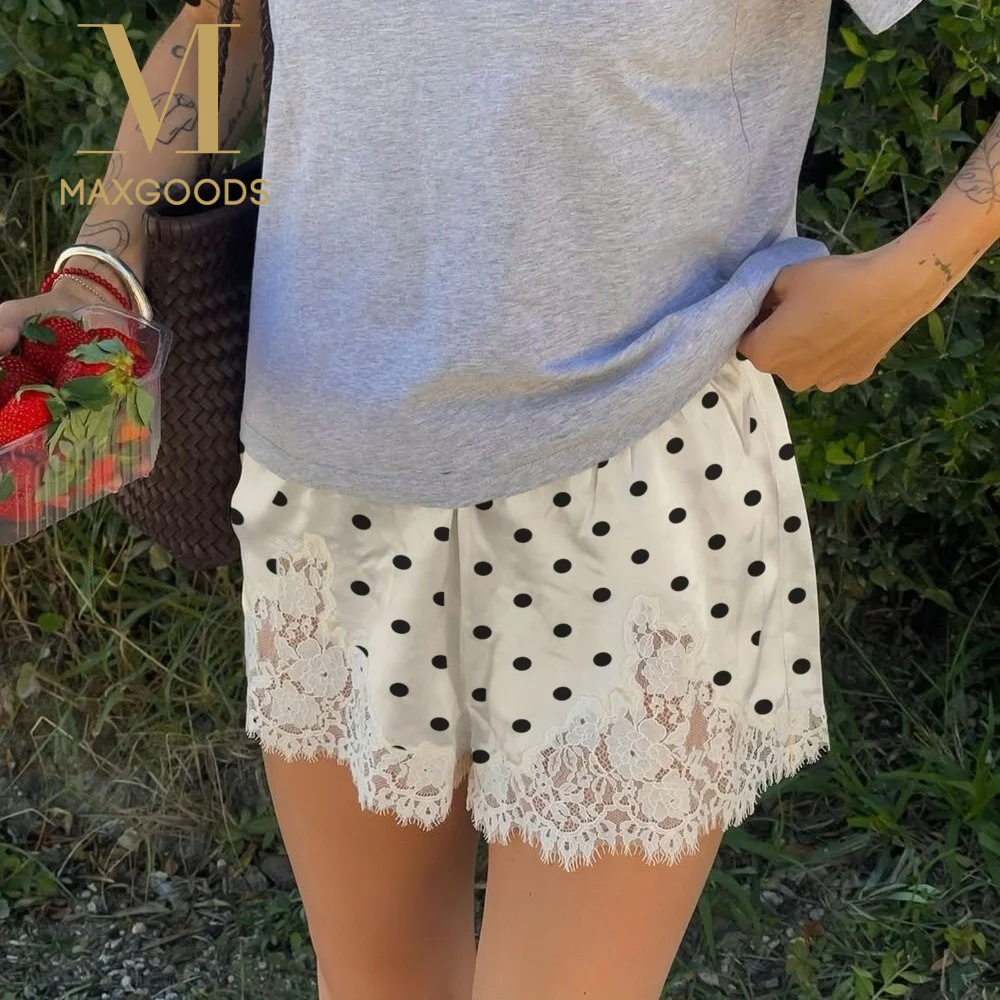 

Vintage Satin Silk Lace Patchwork Shorts Lace Polka Dot Print Sleep Shorts Soft Silky Women Shorts Streetwear