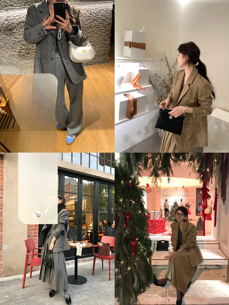 

Retro Tweed Suit Jaet And f Skirt Set for Women Spring Autumn Plaid Sle Commute Long Sve Woolen Fabric Ladies Suit