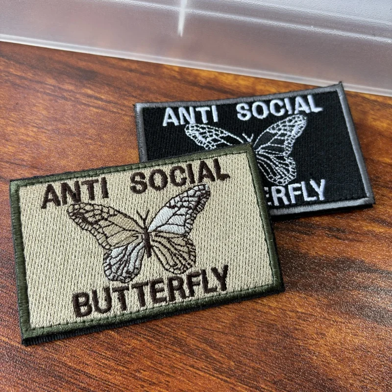 ANTI-SOCIAL Butterfly Tactical Patch Military Butterfly Flag Multitan Morale Badge Embroidery Hook&Loop Patch Backpack Stickers