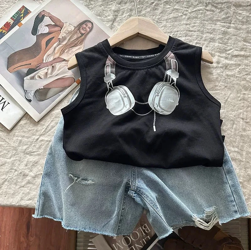 Boy\'s Cartoon Headphones Printed Sleeveless T-shirt Cotton Baby\'s Casual Korean Version Cool Handsome Little Street Vest