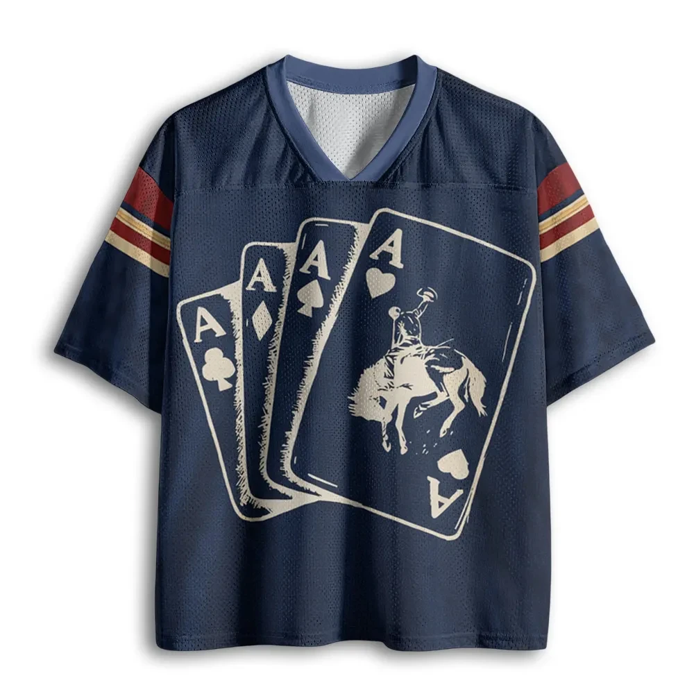 Men Retro Western Poker Cowboy Graphic Mesh Tee V‑Neck Short Sleeve Breathable Loose Streetwear Hip Hop Casual Unisex SummerTops