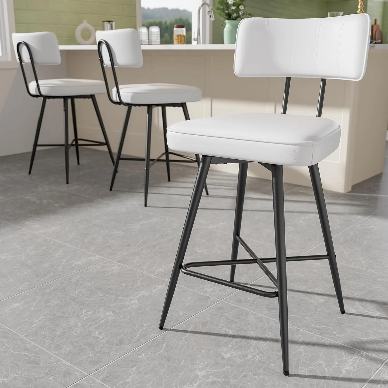 

White Faux Leather Swivel Bar Stools with Backs Metal Legs Counter Height 26" Set of 3, Customized