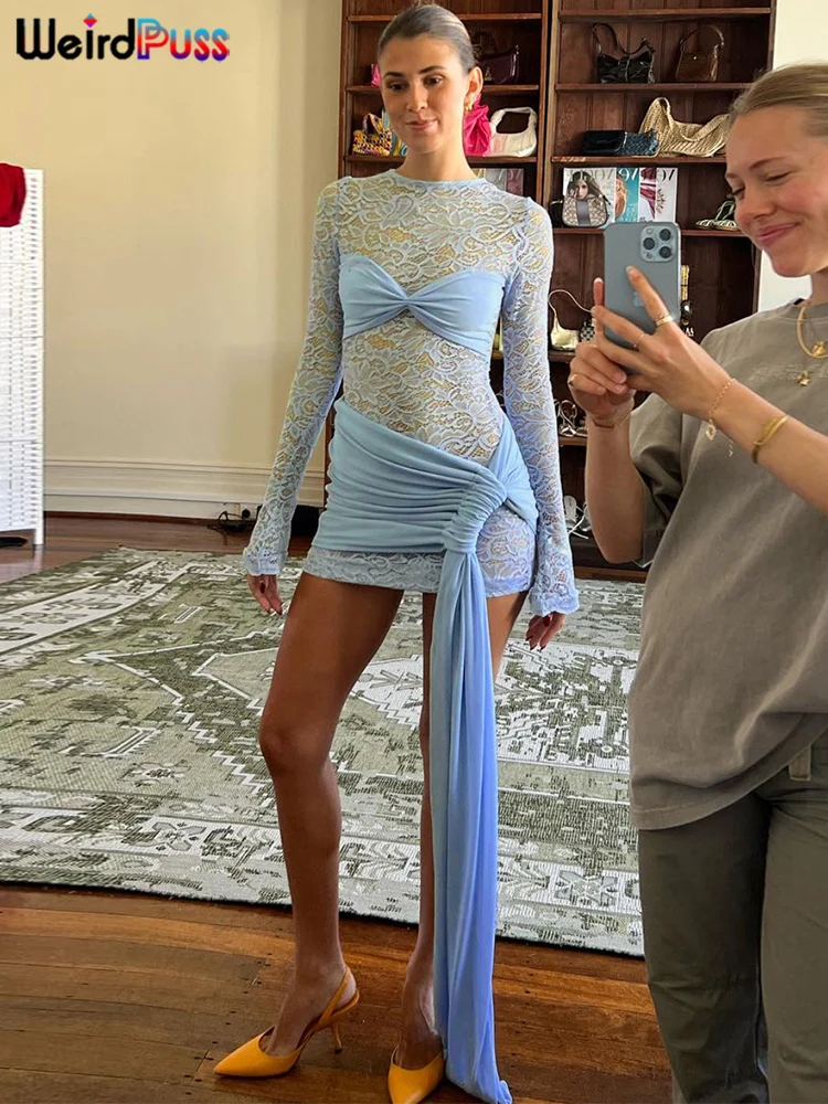 Rare Puss Jurk Met Onregelmatige Print Vrouwen Herfsttrend Sexy Doorzichtig Met Veters En Ruches Manchet Met Kwastje Stretch Night-Out Feestkleding