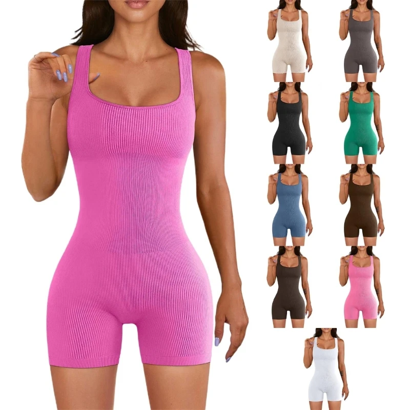 Streamlined Yoga Bodysuit Square Neck and Supportive Ribbed Compression Jumpsuit for Women Girls