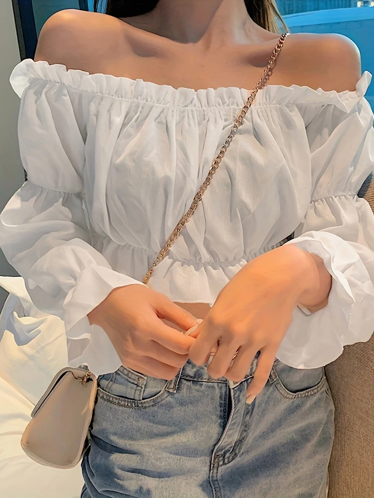 New women's solid color fashionable ruffled off-shoulder one-neck ruffled long-sleeved shirt