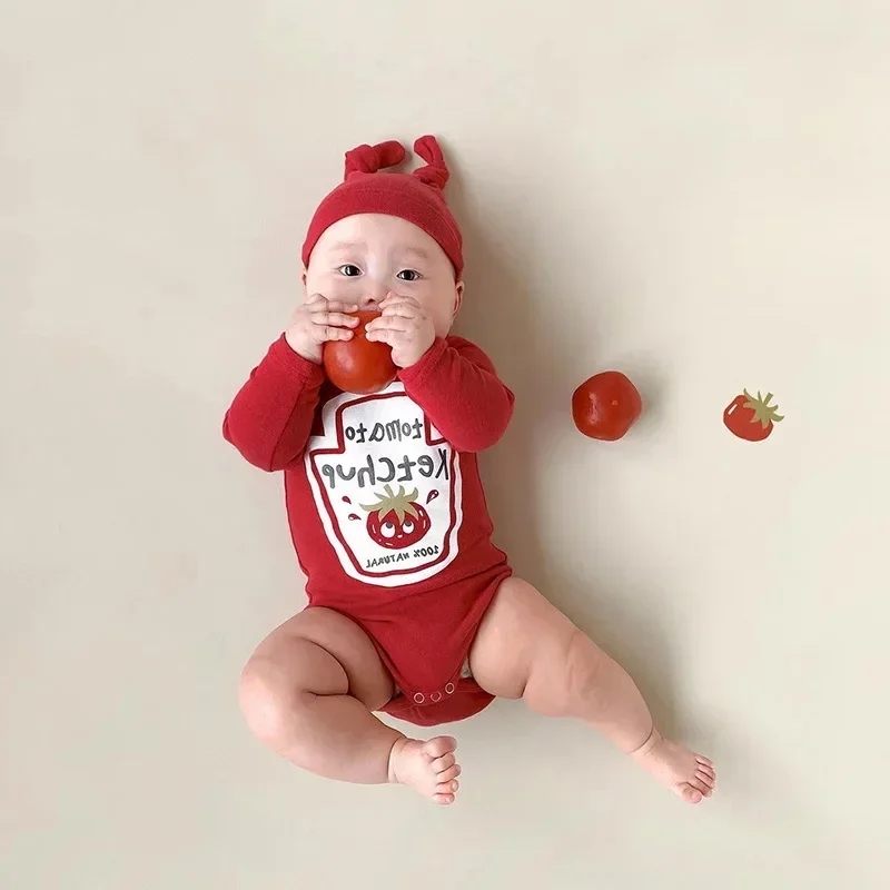 5075B Newborn Clothes Baby Bodysuit Spring Autumn Harbin Clothing Korean Fruit Letter Print Boy's One Piece Clothes With Hat