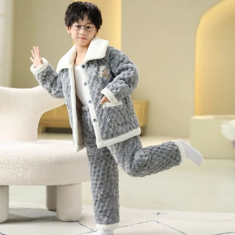Kids Flannel Pajamas Winter Thermal Fleece Lined Coral Fleece Homewear Set for Boys Girls Baby Plus Size Cozy Sleepwear
