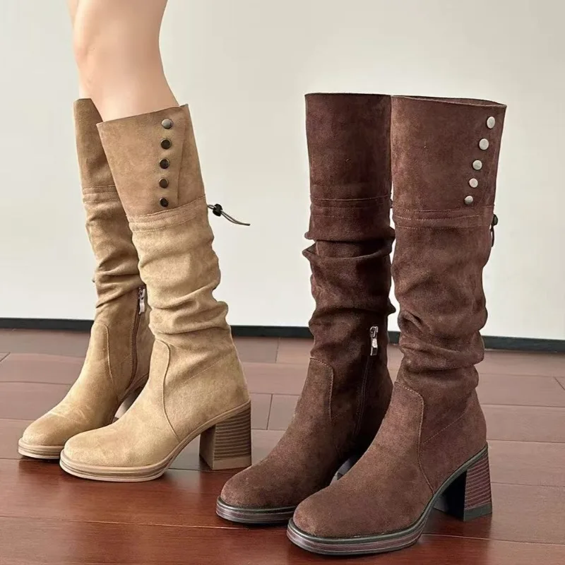 

Knee High Boots Fashion Round Toe Cow Suede Sleeve Studded Anti-Slip Wear-Resistant Single Boots