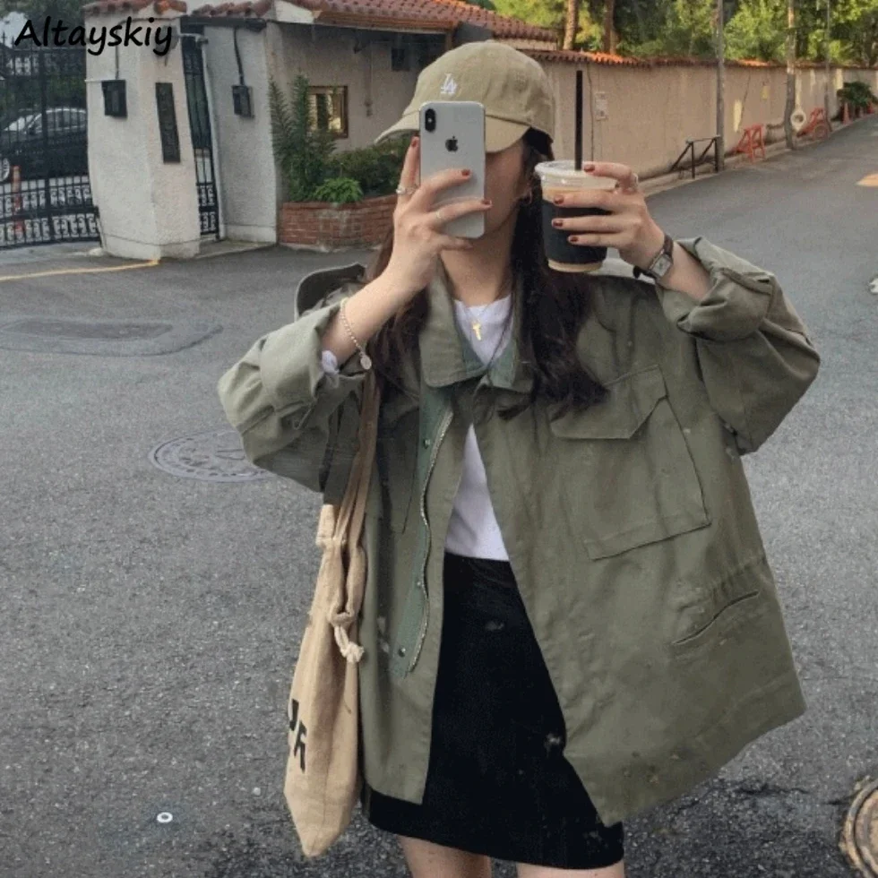 

Autumn Jackets Women Solid Cargo Style Harajuku Streetwear Korean Style Vintage American High Street Aesthetic Clothes Chic Ins