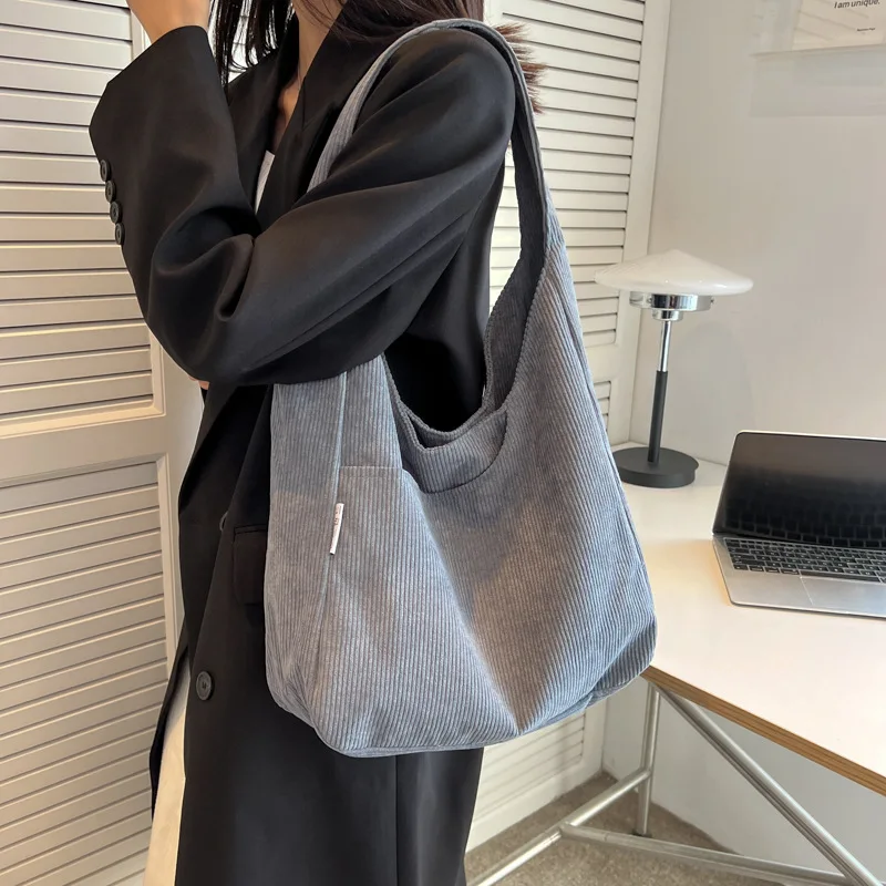 Women Corduroy Hobo Bag Large Capacity Casual Shoulder Handbag with Wide Strap Minimalist Slouchy Tote Daily Shopper for Trave