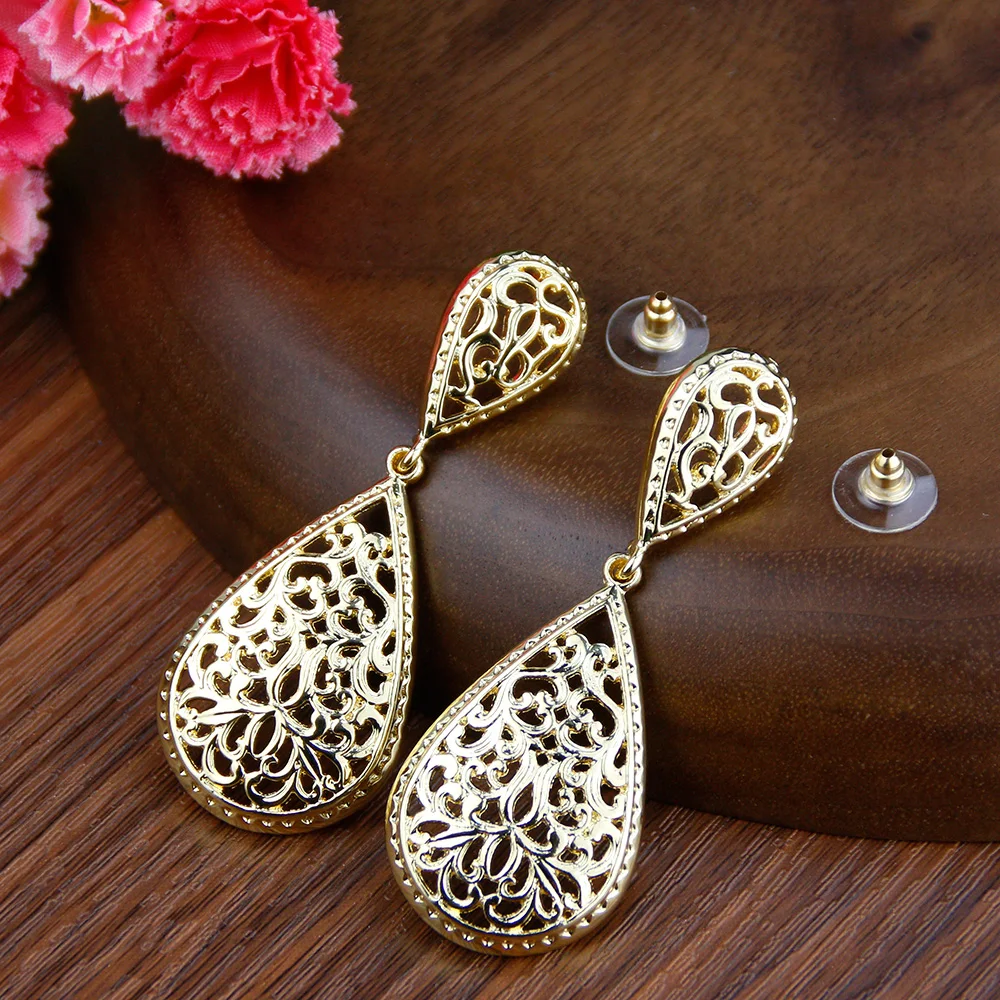 Sunspicems Morocco Golden Drop Earring for Women Hollow Arabesque Arab Earring Ethnic Wedding Court Jewelry Gift