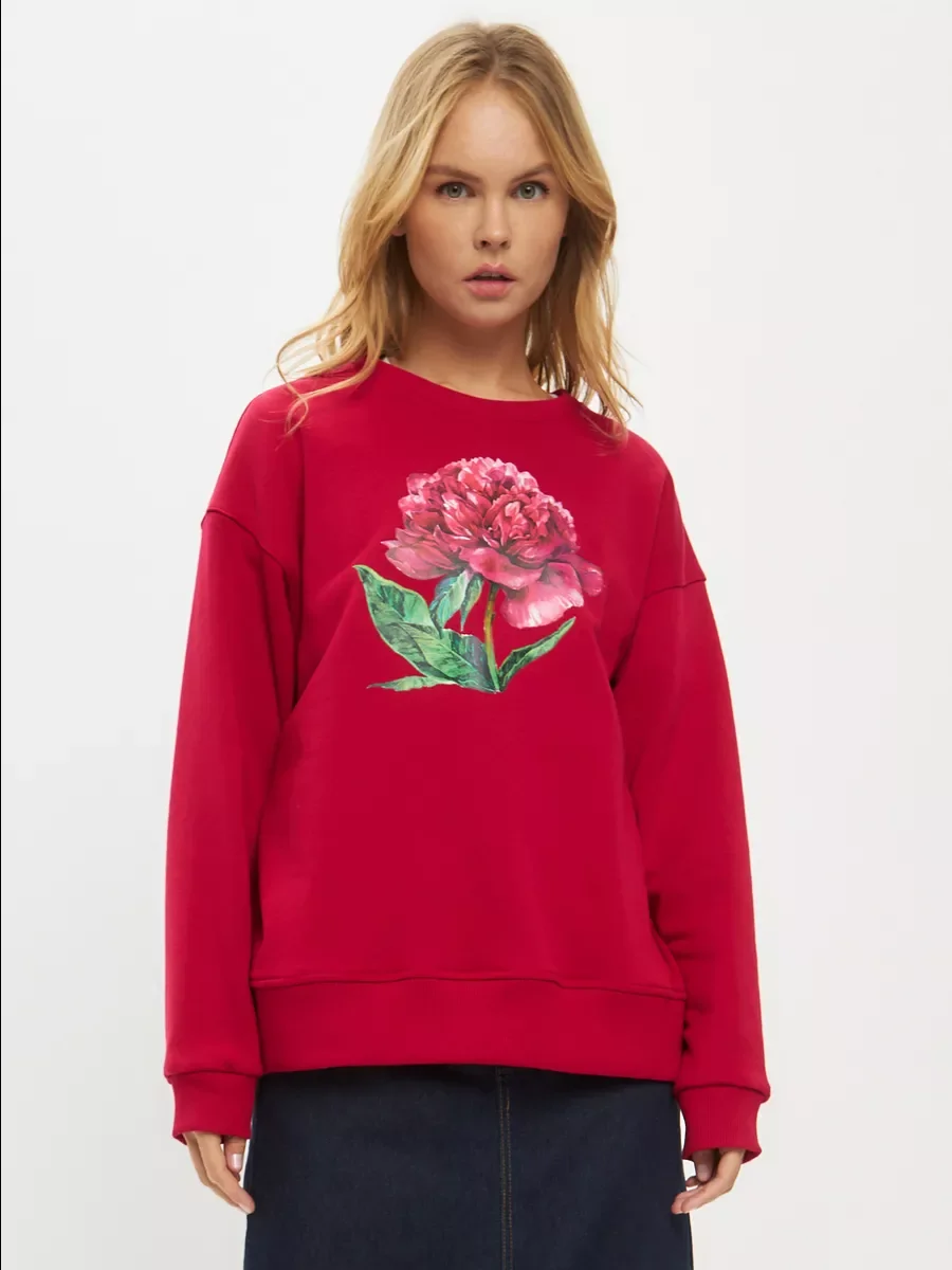

Women's Red Flower Sweatshirt Crewneck Long Sleeve Casual Loose Pullover Tops Autumn and Winter New 2024
