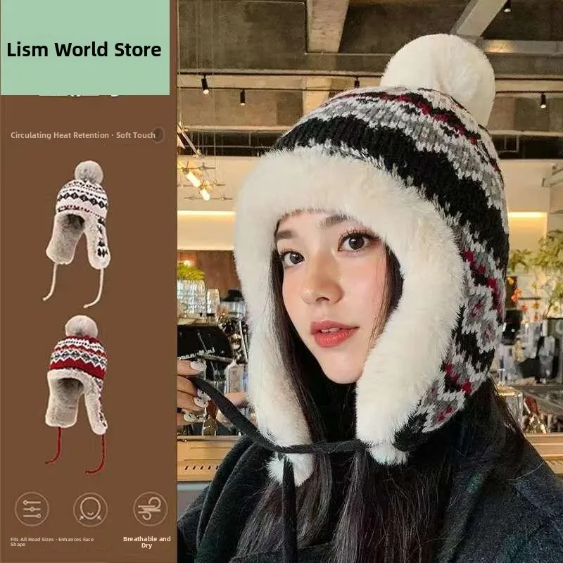 新しい冬用厚手暖かいニット耳当て帽子女性用ファータッセルハット綿球ニット帽家庭用保護キャップ