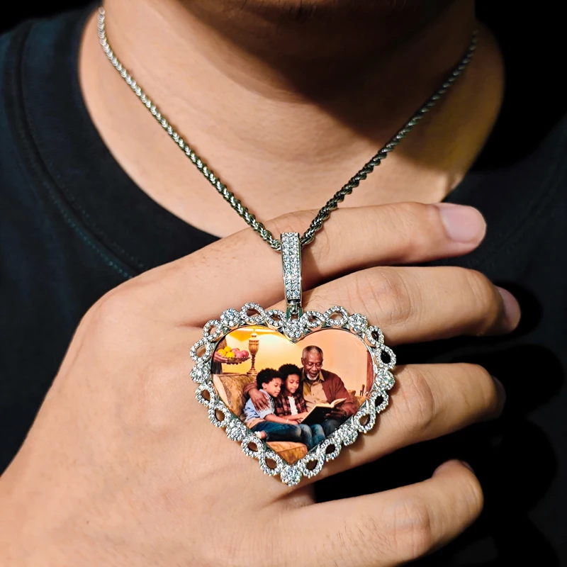 TUHE Custom Iced Out Heart Pendant Necklace Hip Hop Jewelry 5A Zirconia Pendant Custom Photo Memory Medallions