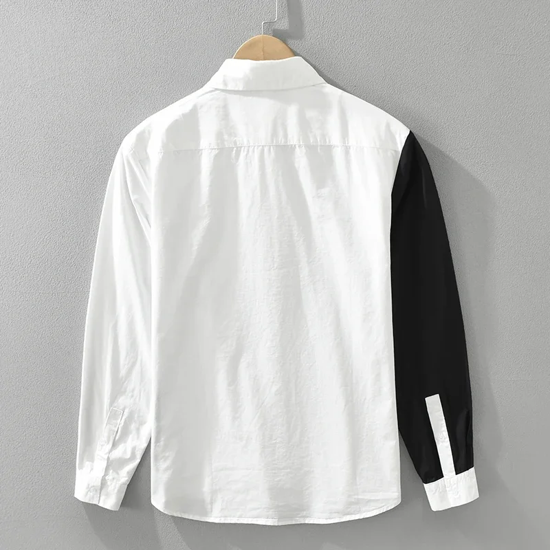 2024 Autumn long Sleeve Patchwork Shirts cotton casual  men's   Collar Safari Style It goes with everything  White  Black