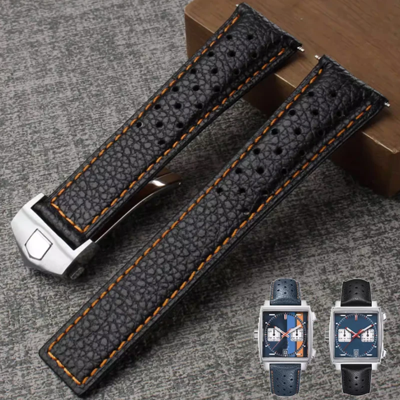 22mm Cowhide Watchbands For Tag Heuer Monaco Gulf Series Original Genuine Leather Strap Men'er Men's Folding buckle wrist straps