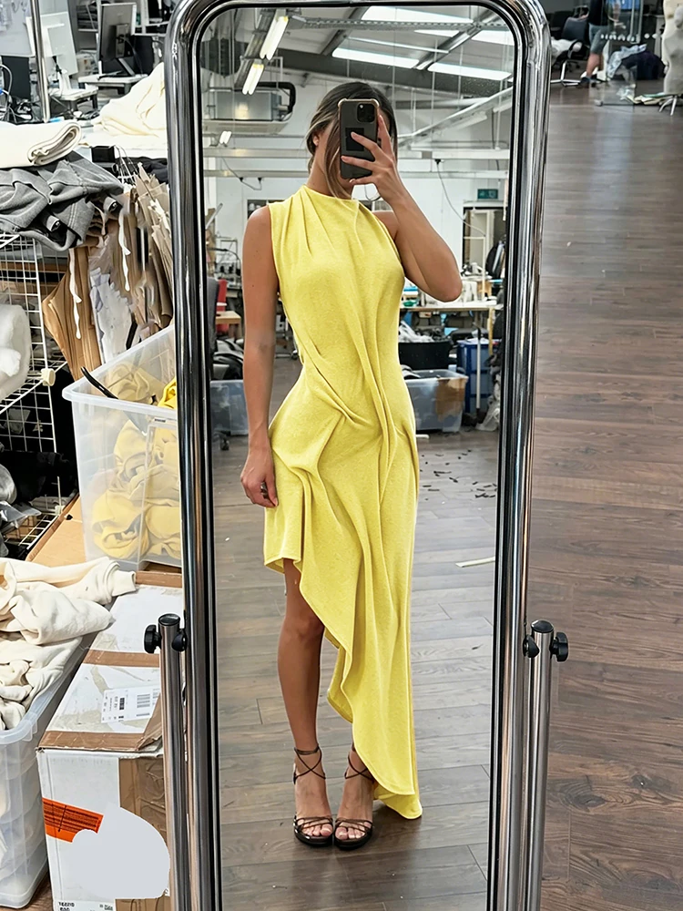 Sisterlinda Trend Mode Sexy Langes Kleid Damen Rückenfrei O-Ausschnitt Ärmellos Unregelmäßiger Saum Urlaub Gerafftes Elegantes Kleid – Detail 11