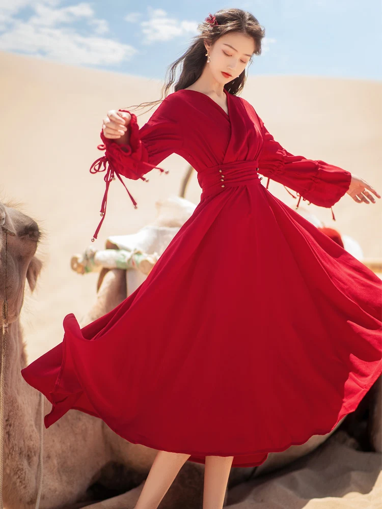 Khalee Yose – robe Maxi rouge Vintage Chic, col en v, manches longues, Style chinois Boho, à volants, pour les vacances, automne