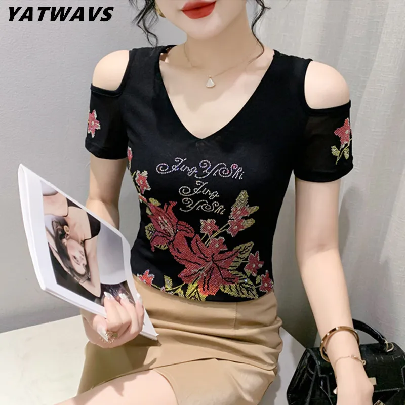 Summer Fashion Streetwear T-shirt Clothe Luxury Hot Diamonds Double-Layer Mesh Tshirt Sexy Women Short Sleeve Tees 2023 New Tops