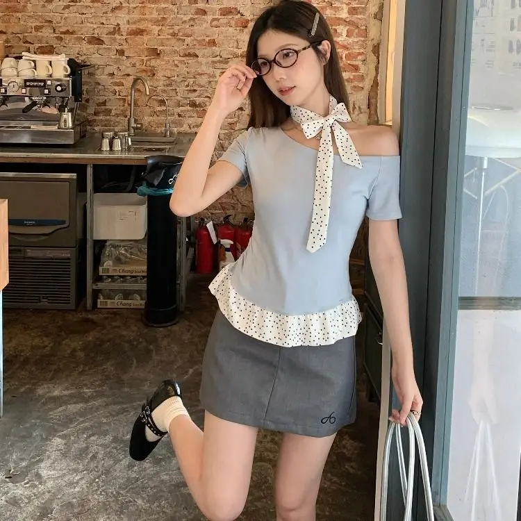 

Милая кружевная лоскутная асимметричная футболка с короткими рукавами для женщин, летняя рубашка с уникальным дизайном в горошек и базовым слоем