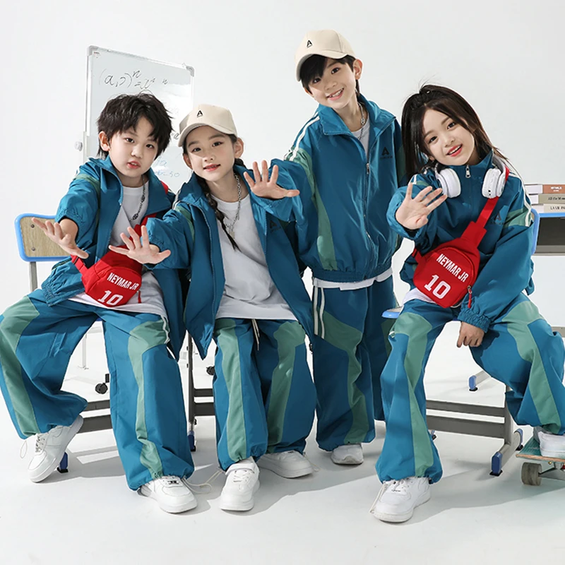 Kpop Jazz Dance Outfit Kids Hip Hop Dance Clothes Blue Loose Tracksuit Cheerleading Costume Street Dance Clothing DL11046