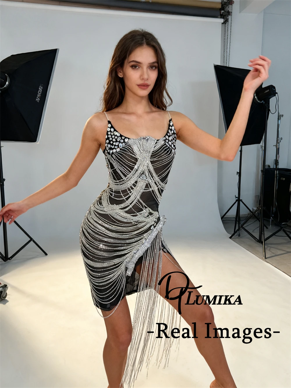 

DTLumika Real Images Cocktail Night Club Shiny Dresses Embellished Diamond Chain Dress Tassels Celebrity Party Dresses