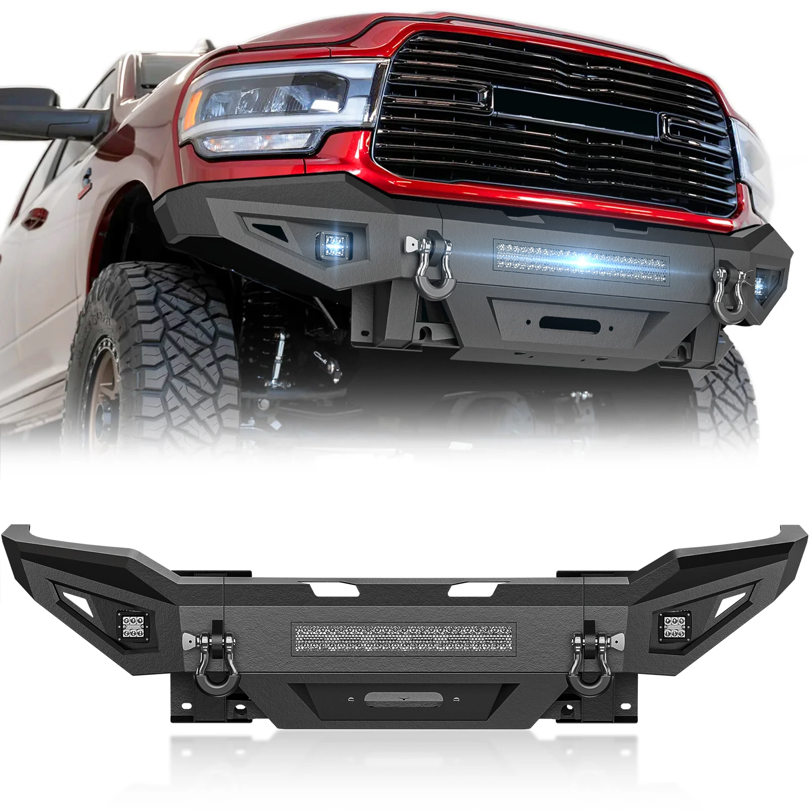 

Full Width Front Bumper with Winch Plate + Skid Plate + 2 X 4.75-ton D-rings + 3 X LED Lights for 2019-2025 Dodge Ram 2500 3500