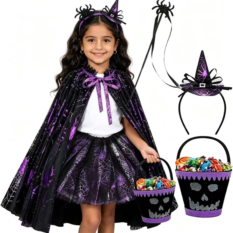Toddler Witch Cosplay Bundle Black Purple Web Print Cloak Layered Tutu Skirt Mini Witch Headband Skull Treat Pail Holiday Outfit