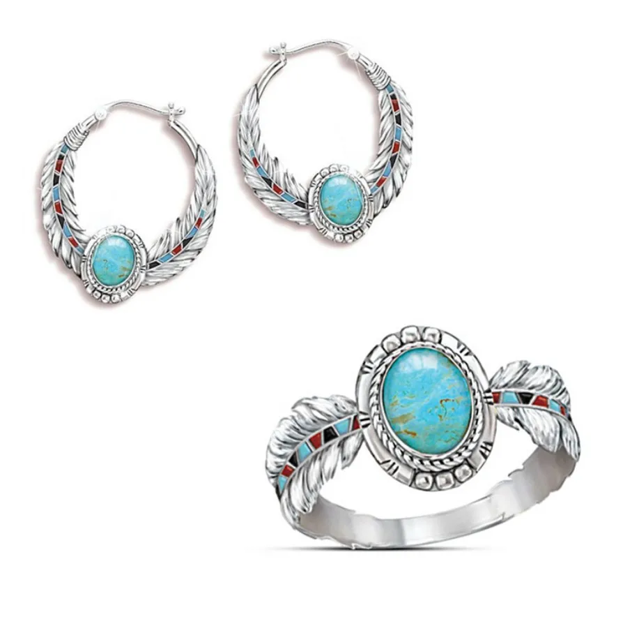 

Роскошное кольцо с инкрустацией из бирюзового орлиного пера в этническом стиле, свадебное украшение для рук, модные аксессуары