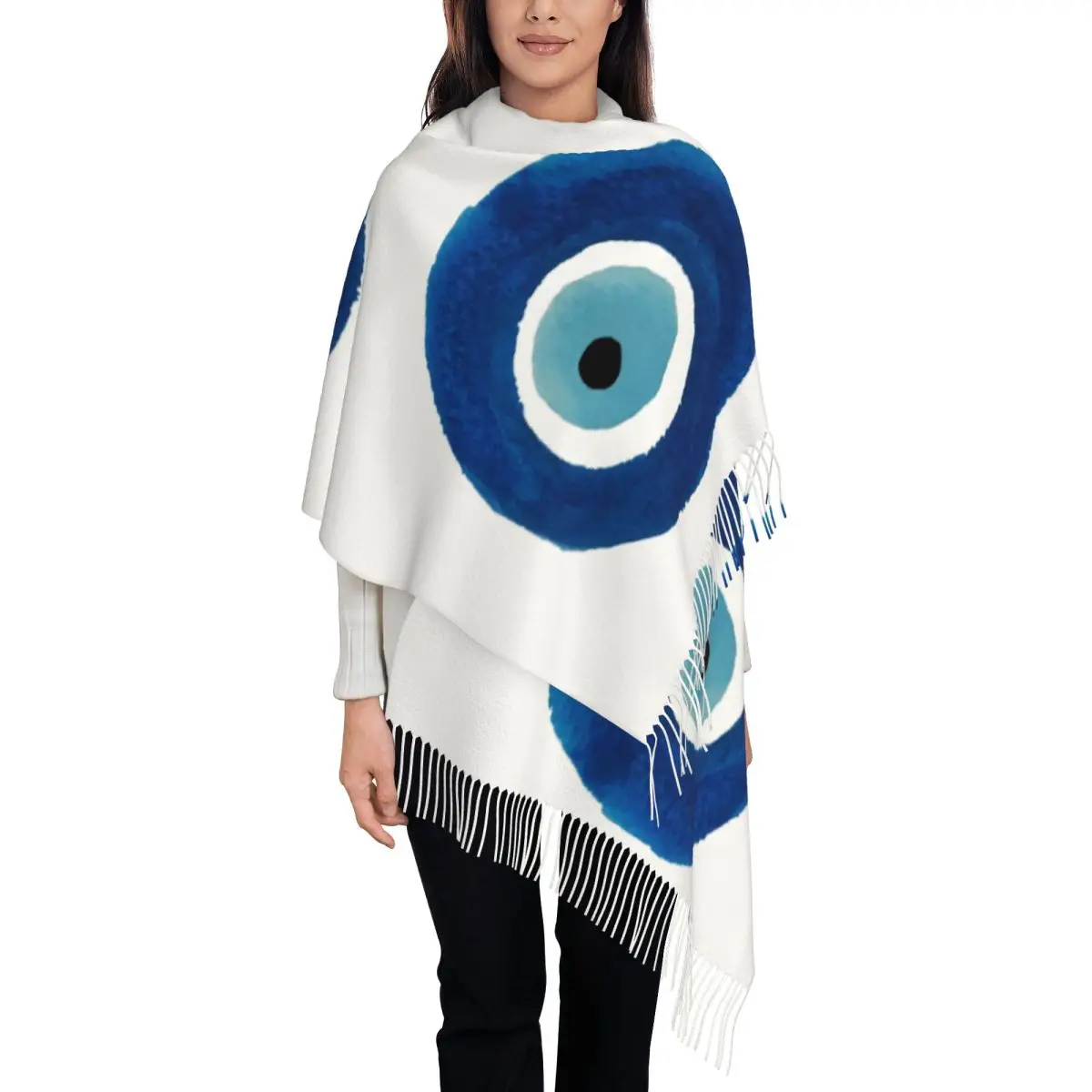 Luxury Watercolor Evil Eye Nazar Painting Tassel Scarf Women Winter Fall Warm Shawls Wraps Lady Hamsa Lucky Charm Scarves
