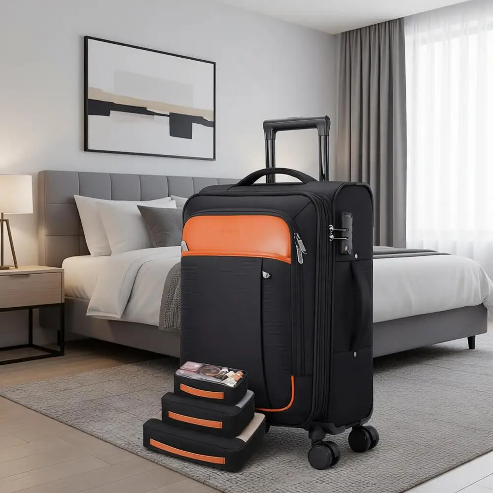 

Expandable 20 Inch Airline Approved Carry-On Suitcase with Wheels, TSA Lock, and 4-Piece Packing Bags for Travel