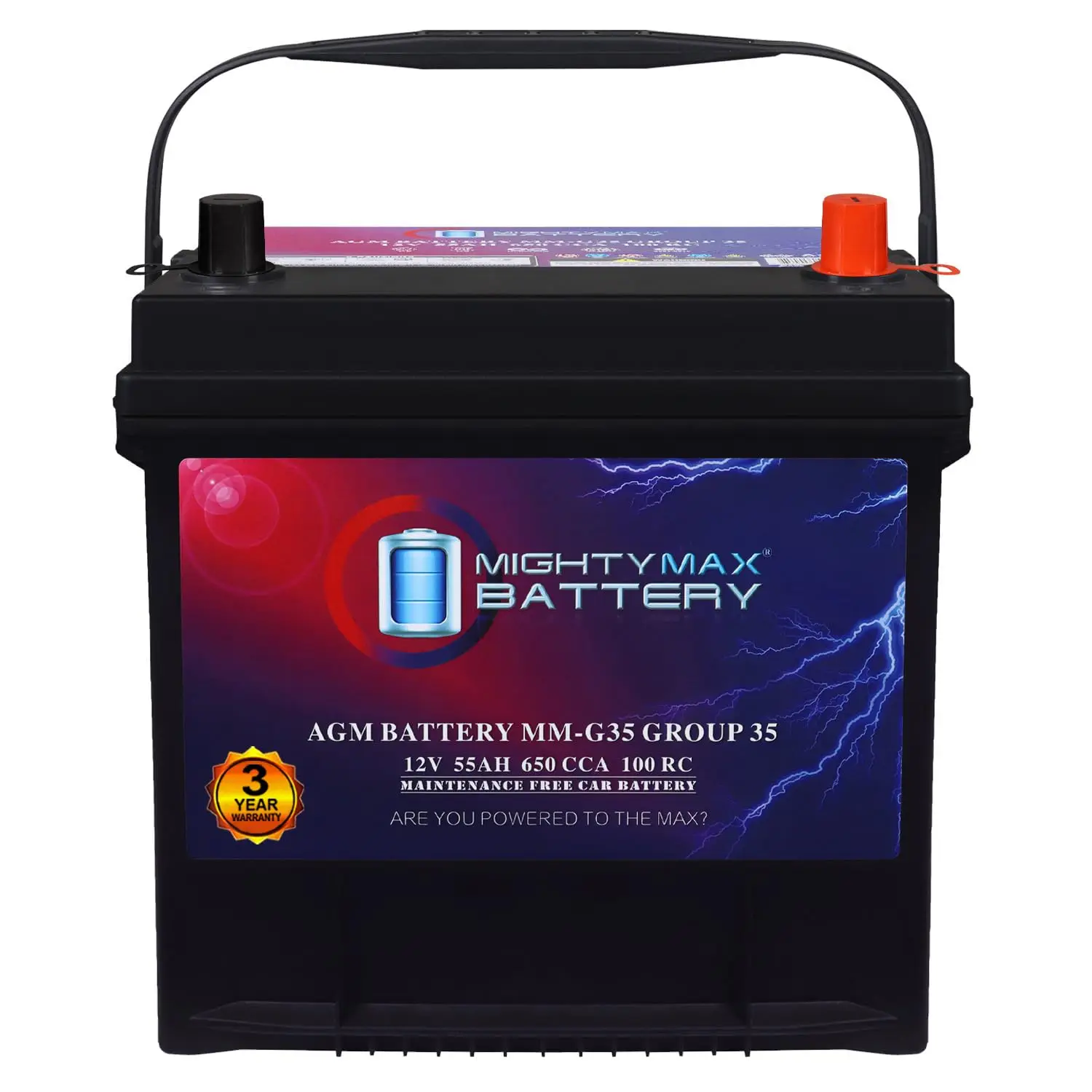 Group Size 35 12V 55Ah AGM Car Battery 650 CCA 100RC Replacement for Toyota Solara 3L 2002, Customized