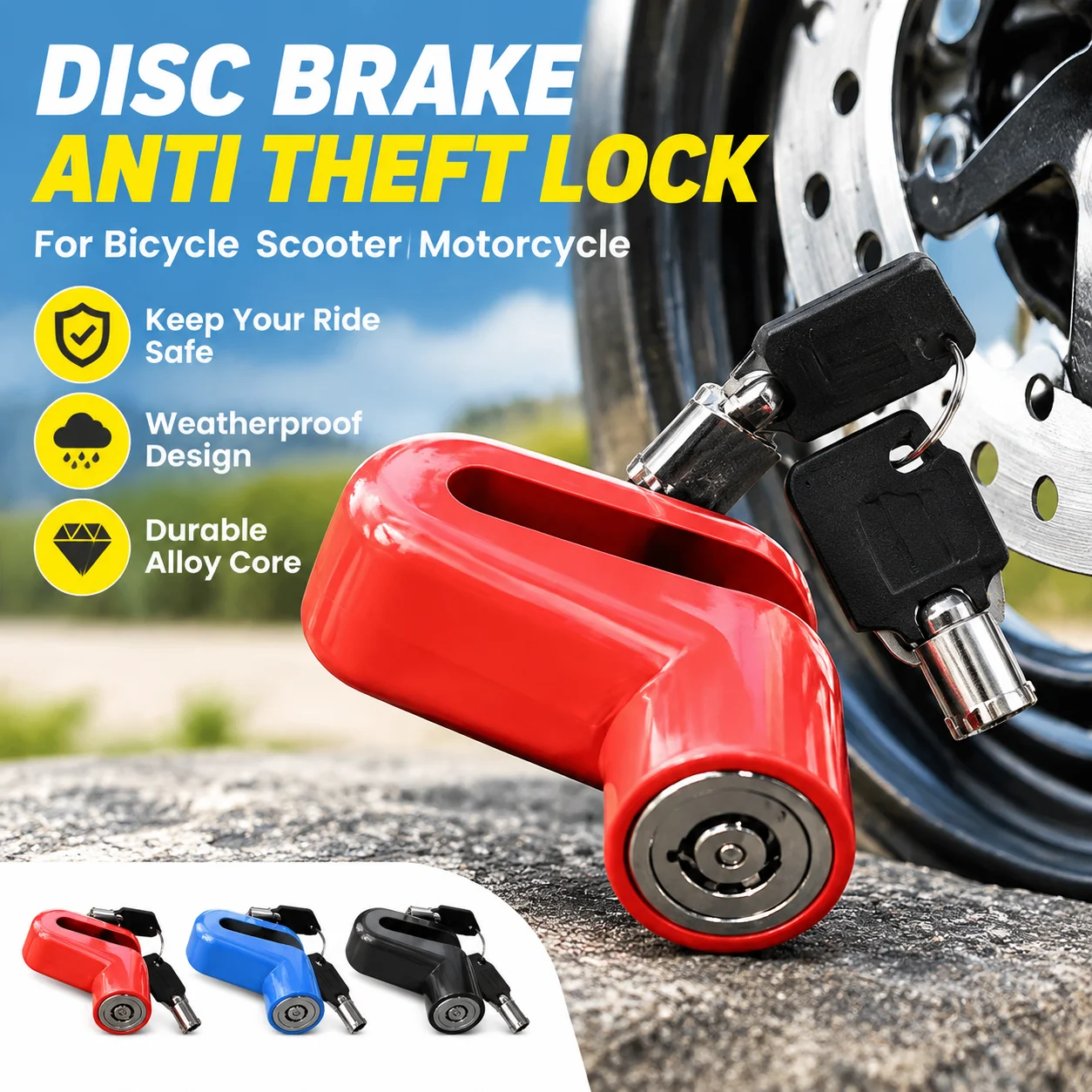Metal Disc Brake Anti Theft Lock for Bicycle Scooter Motorcycle, Alloy Core PVC Coated, Compact Weatherproof Safety