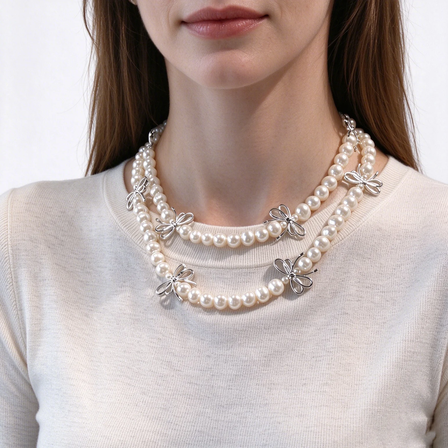 Women's Long Pearl Sweater Necklace Silver Bows 33