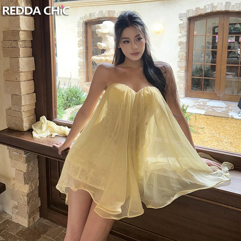 

Женское мини-платье REDDACHiC без бретелек с пайетками, многослойное, из шифона, с рюшами, корсетное, облегающее, цельное, для вечеринок, коктейлей, летняя одежда