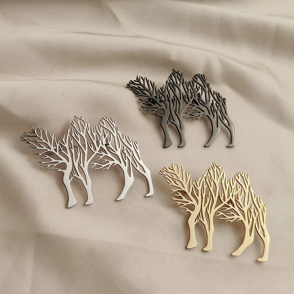 1PCS Stainless Steel Brooch Creative Hollow Animal Design Featuring Camel Life Tree Tiger Wolf Lion Elephant - Butterfly Deer Ra