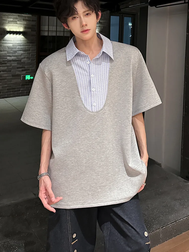 Men's Polo Minimalist Shirt Collar Fake Two Piece Oversized Fit Short Sleeve Casual Commute Premium Cotton Tee O7C1