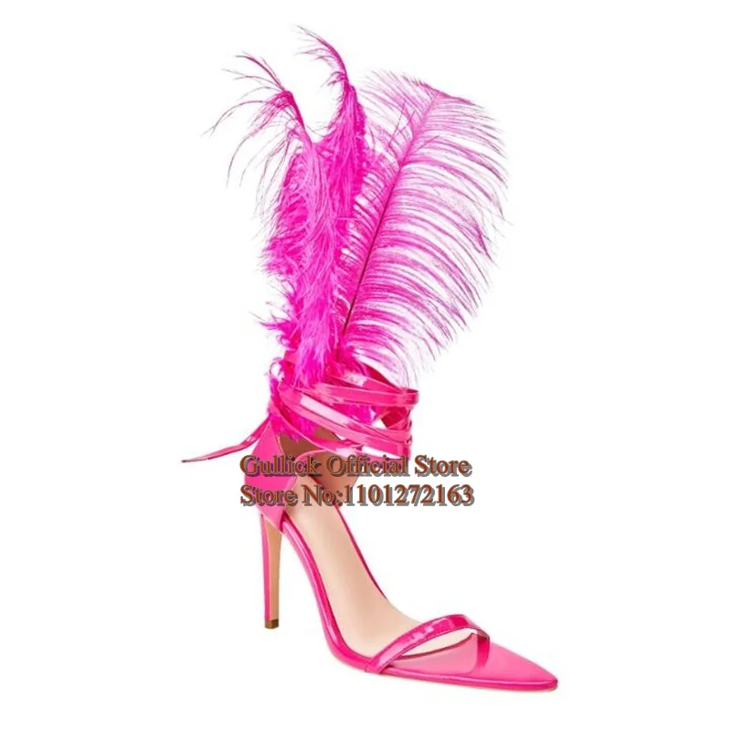 Removable Pink Feather High Heel Sandals Patent Leather Ankle Wrap Lace Up Gladiator Heels Evening Banquet Party shoes
