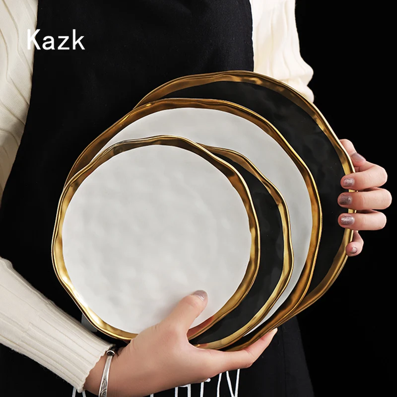 Light Luxury Golden Edge Ceramic Plate Personalized Dining Table Decor Steak Dinner Plates Sushi Dishes European Style Tableware