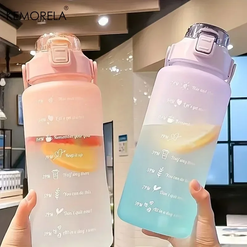 2L Water Bottle With Straw Large Capacity Sports Water Bottle Travel Fitness Sports Portable Drinking Bottles With Time Marker