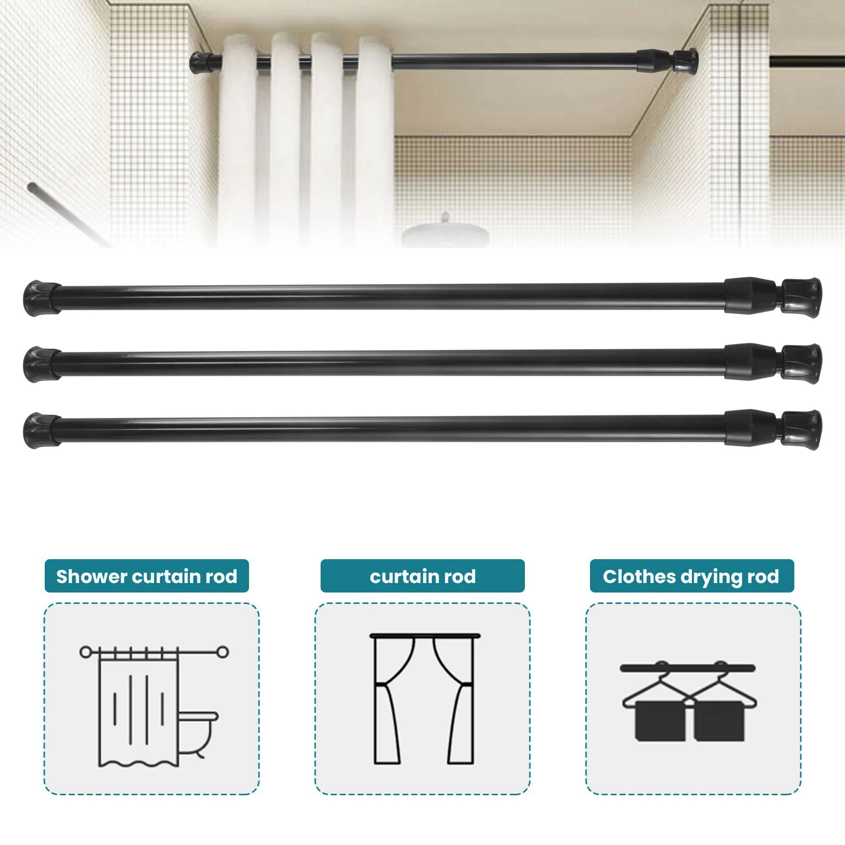 A45I 3PCS Spring Curtain Rods 16 to 28 Inch Tension Rod Spring Curtain Rod Adjustable Curtain Rod Expandable Curtain Rod