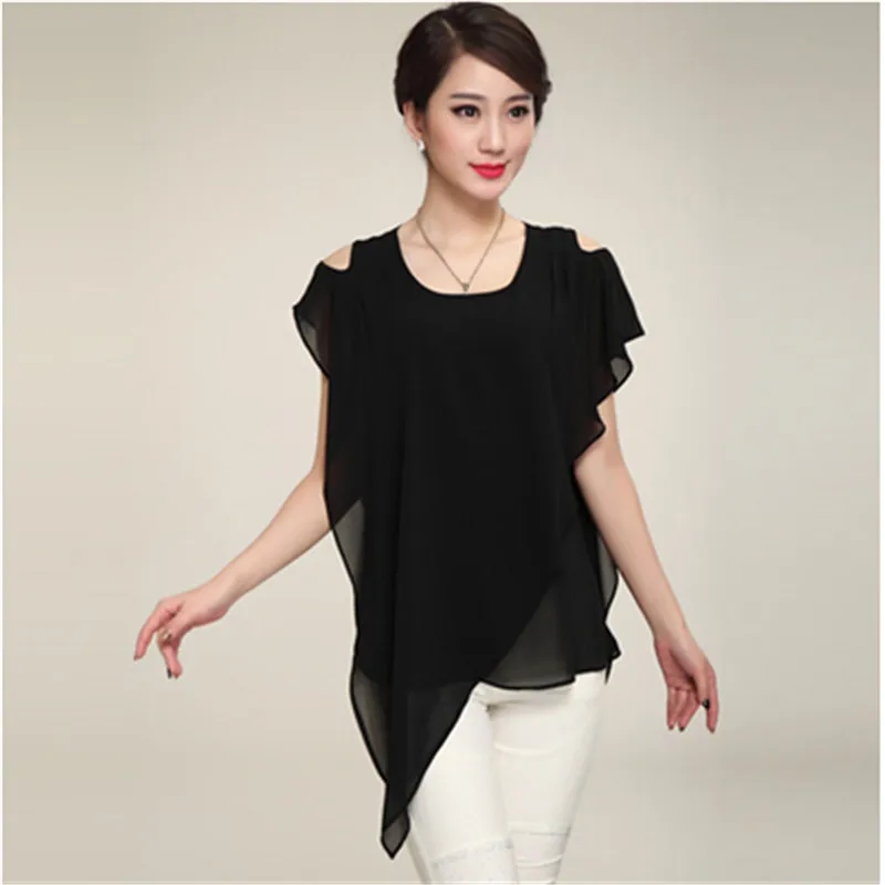 2024 Women tops blusas femininas Ruffle Batwing Sleeve chiffon Shirt  blusas femininas Black White Red Blue