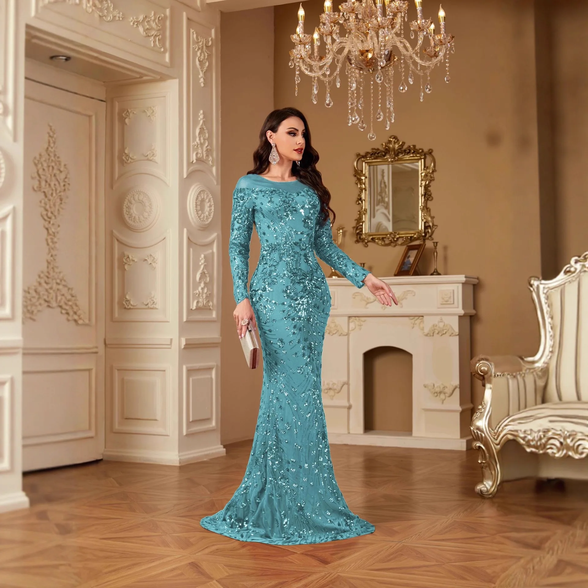 ชุดราตรีทรงยาวประดับเลื่อม ดีไซน์เข้ารูปทรงสวยหรู รุ่นใหม่เอวสูง ผ้าใยสังเคราะห์