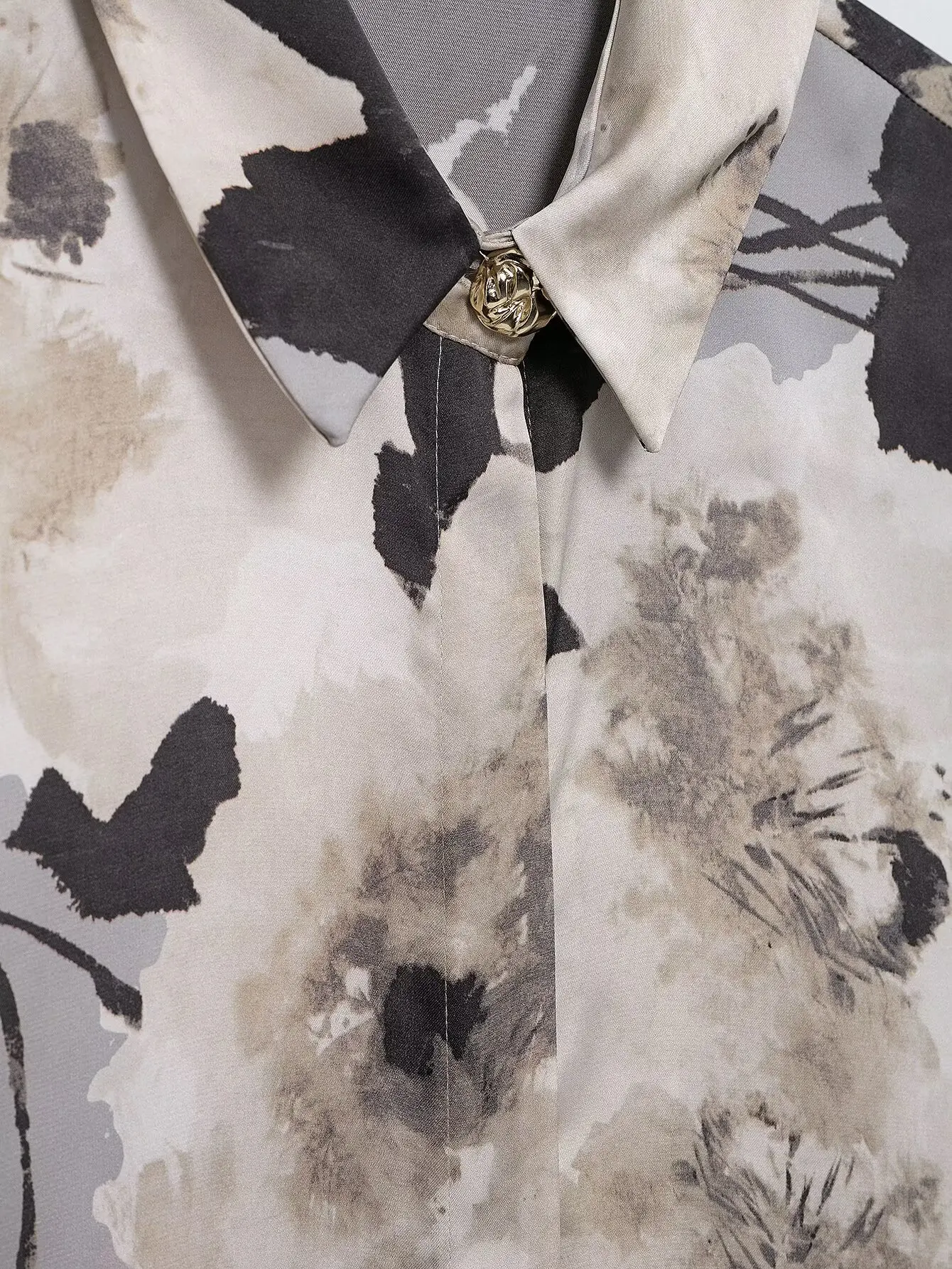 라펠 긴팔 새틴 질감 프린트 셔츠, 하이웨이스트 스트레이트 미디 스커트, 2025 RARA 용수철 신상 여성복