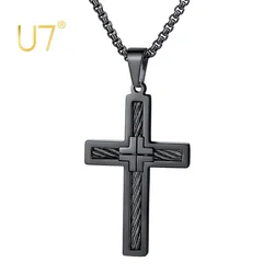 U7 Black Gold Color Stainless Steel Vintage Style Brainding Rope Pattern Cross Necklace for Man Woman Catholic Daily Jewelry